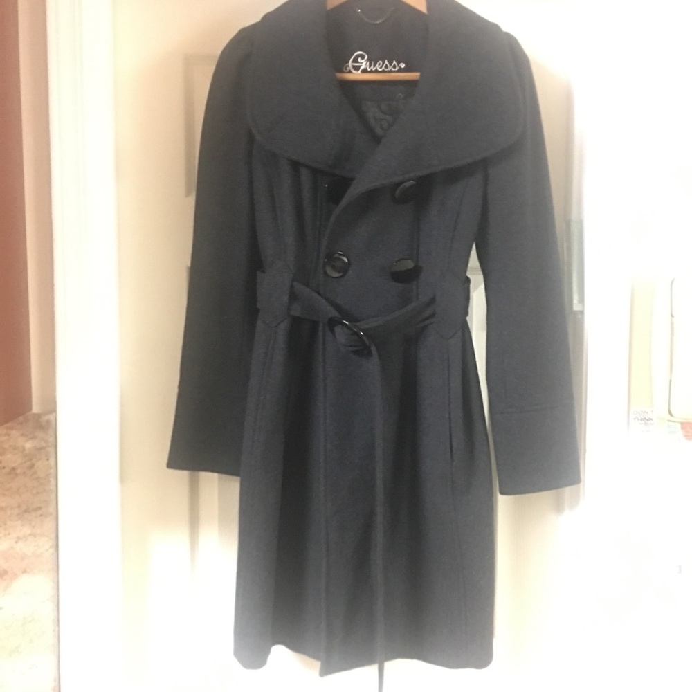 Guess Gray Wool Belted Button Peacoat Jacket